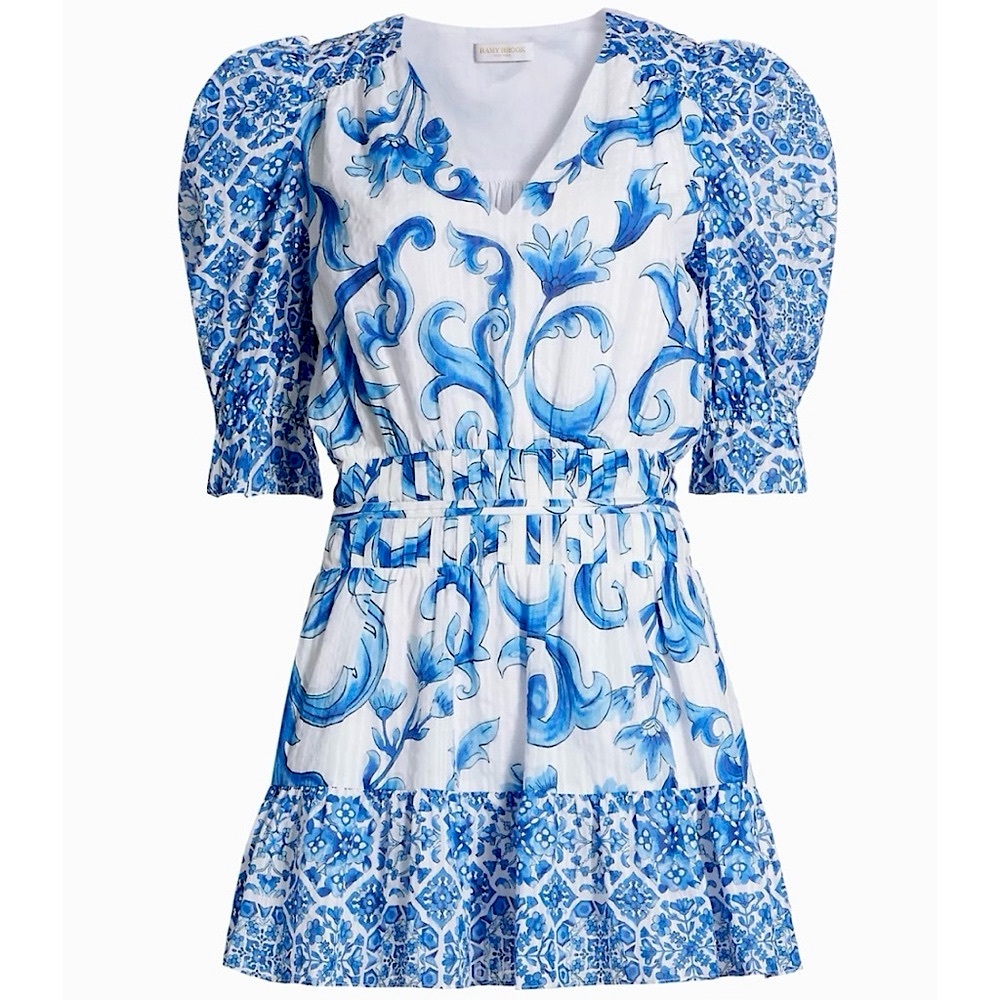 Ramy Brook Susan Watercolor Puff-Sleeve Minidress in Spring Navy Positano